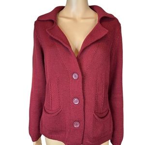 Hekla & Co Women Cardigan Sweater Medium M Maroon Red Merino Wool